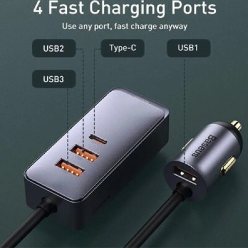 Baseus Share Together PPS Multi-port Fast Charging Car Charger With Extension Cord 120W 3U+1C