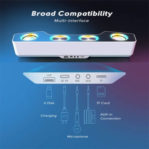 Fifine Ampligame A16 Bluetooth speaker with built-in battery, volume/music/RGB controls, EQ switch for gaming, music, videos