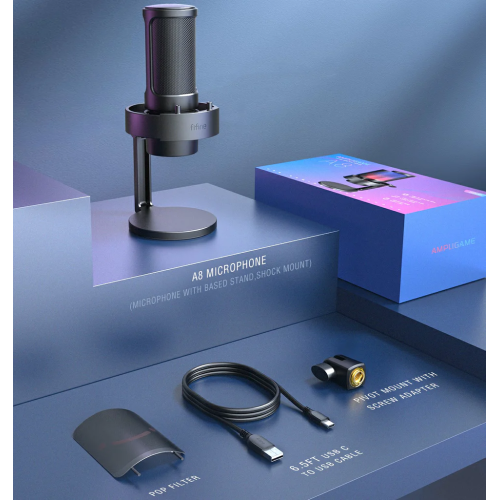 Fifine Ampligame A8 USB microphone with controllable RGB, live monitoring, input dial, pop filter for streaming Fifine Ampligame A8 USB microphone with controllable RGB, live monitoring, input dial, pop filter for streaming