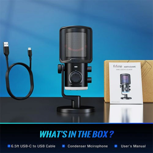 Fifine Ampligame AM6 condenser mic with game/chat mix, noise suppression, monitoring, I/O level & RGB controls