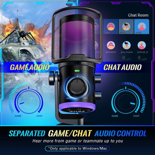 Fifine Ampligame AM6 condenser mic with game/chat mix, noise suppression, monitoring, I/O level & RGB controls